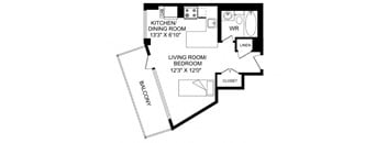 A black and white image of a floor plan for a home with a kitchen, dining room, living room/bedroom, and balcony.