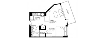 A black and white image of a house floor plan with a kitchen, dining room, living room, bedroom, and walk-in closet.