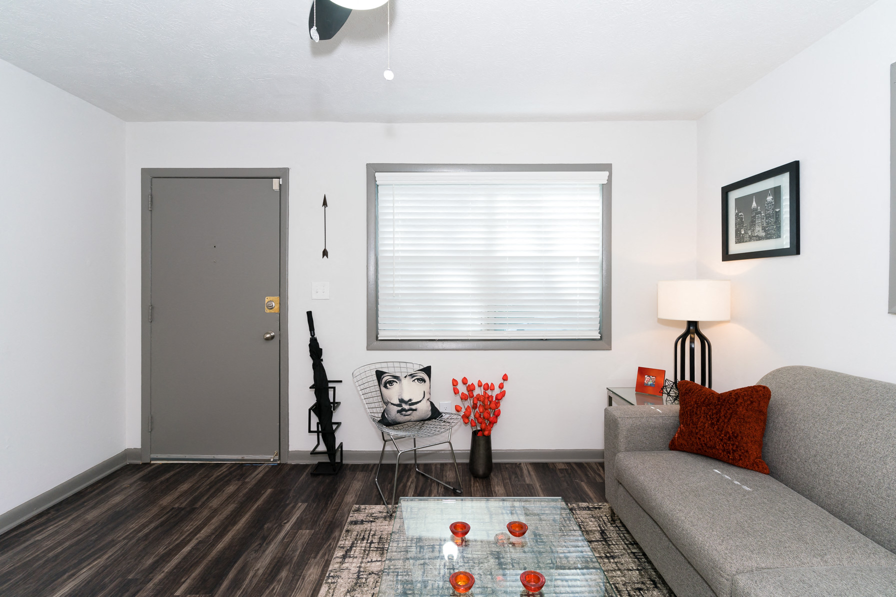 a living room with a couch and a coffee table