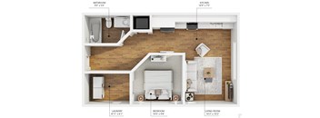 A diagram of a house layout with labeled rooms including a bathroom, kitchen, laundry, bedroom, and living room.