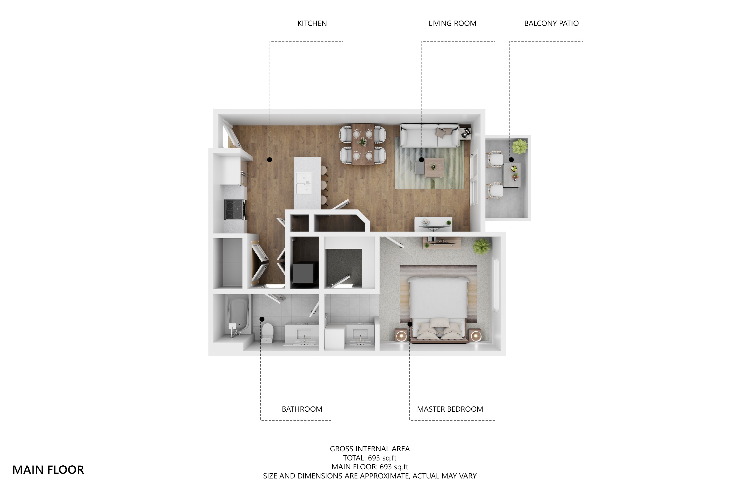 A floor plan of a small apartment with a kitchen, living room, balcony, bathroom, and master bedroom.