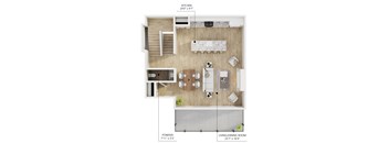 A floor plan of a small apartment with a kitchen, powder room, and living/dining room.