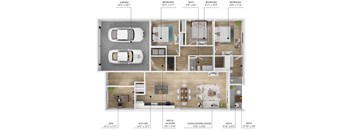 A floor plan of a house with a garage, two bedrooms, a living room, a dining room, a kitchen, and a laundry room.