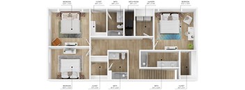A floor plan of an apartment with two bedrooms, two bathrooms, a living room, a kitchen, a laundry room, and a closet.