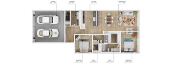 A floor plan of a house with a garage, laundry room, kitchen, living room, and three bedrooms.