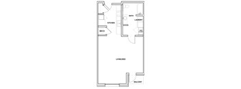 A floor plan of a small apartment with a living room, kitchen, bathroom, and laundry room.