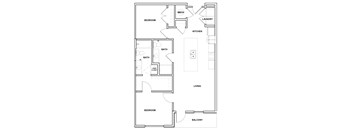 A floor plan of a home with a laundry room, kitchen, and two bathrooms.