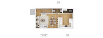 A floor plan of a living space with a living room, dining room, kitchen, and powder room.