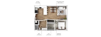 A diagram shows the layout of a living space with a kitchen, living/dining room, bathroom, and bedroom.