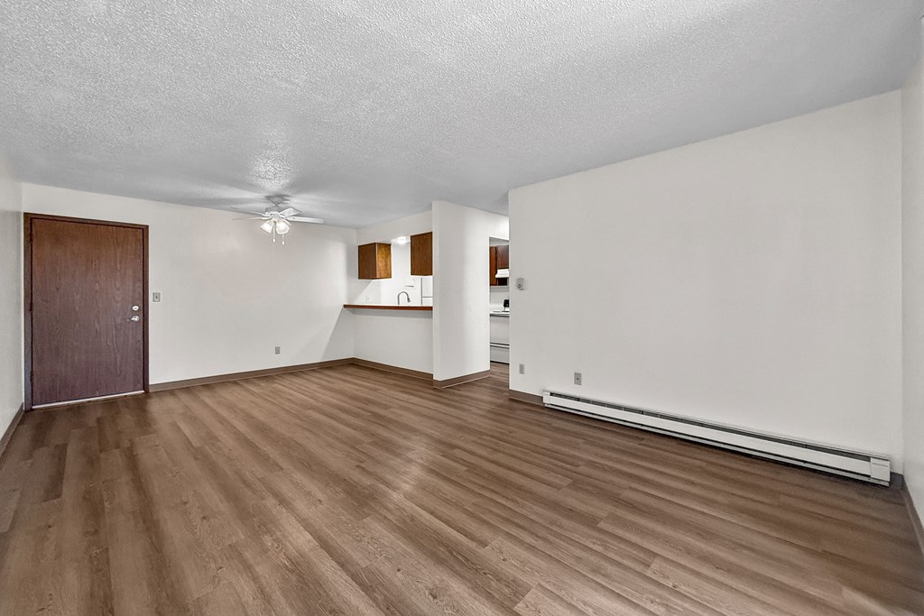 A room with wooden flooring and a brown door.