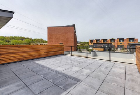 the deck on the top of the building with a view of the city at 5Fifty5, Des Moines  