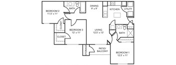 3 Bedroom Floor Plan at 92West, West Des Moines, IA 50266  