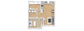 A top down view of a living room, kitchen, and bedroom.