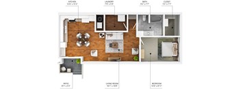 A floor plan of a house showing the layout of the kitchen, living room, bedroom, bathroom, laundry, and closet.