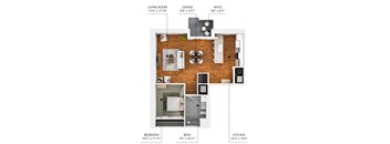A diagram of a small apartment layout with a living room, dining area, kitchen, bathroom, and bedroom.