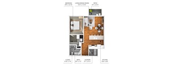 A floor plan of a small apartment with a bedroom, living/dining room, kitchen, bathroom, laundry, and patio.