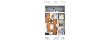 A diagram of a small apartment with a living room, kitchen, bathroom, bedroom and patio.