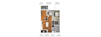 A floor plan of a small apartment with a living room, kitchen, bathroom, and bedroom.