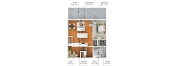 A diagram shows the layout of a home with a living room, kitchen, and bedroom.