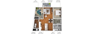 A floor plan of a home showing the layout of the living room, kitchen, bedrooms and bathrooms.
