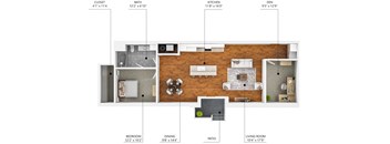 A floor plan of an apartment with a living room, dining room, kitchen, bathroom, and bedroom.