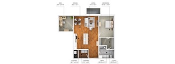 A floor plan of a small apartment with a kitchen, living room, dining room, bedroom, and bathroom.