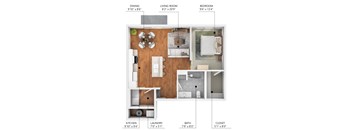 A floor plan of a small apartment with a kitchen, living room, dining area, bedroom, bathroom, laundry, and closet.