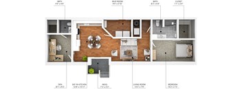 A floor plan of a house with a living room, dining room, kitchen, bedrooms and bathrooms.