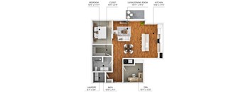 A floor plan of a small apartment with a bedroom, living room, kitchen, and bathroom.