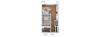 A diagram of a small apartment with a living room, kitchen, bathroom and bedroom.