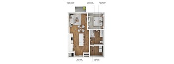 A diagram of a small apartment with a living room, bedroom, bathroom, kitchen, and laundry area.