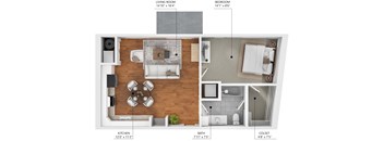 A floor plan of a small apartment with a living room, kitchen, bathroom, and bedroom.