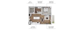 A floor plan of a small apartment with a living room, kitchen, bathroom, and bedroom.