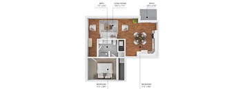 A diagram shows the layout of a living space with a bath, living room, patio, and two bedrooms.