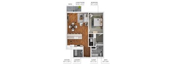 A diagram of a house showing the living room, bedroom, patio, kitchen, bathroom, and laundry room with their respective dimensions.
