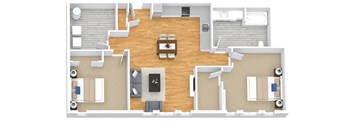 A floor plan of a house with a central living room and surrounding bedrooms.