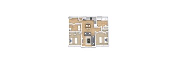 A floor plan of a house with a living room, kitchen, and two bedrooms.