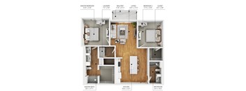 A floor plan of a small apartment with a master bedroom, bathroom, living room, kitchen, and two bedrooms.