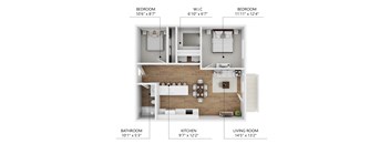 A diagram shows the layout of a two-bedroom, one-bathroom apartment with a living room, kitchen, and two bedrooms.