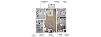 A diagram shows the layout of a two-bedroom apartment with dimensions for each room.