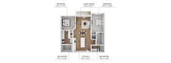A diagram of a house layout with four bedrooms, a living room, a kitchen, a bathroom, and a dining area.