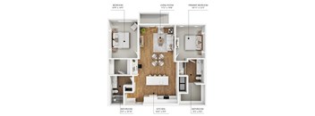 A diagram shows the layout of an apartment with a living room, two bedrooms, a kitchen, and two bathrooms.