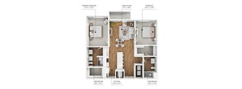 A diagram shows the layout of a two-bedroom apartment with a living room, kitchen, and bathrooms.