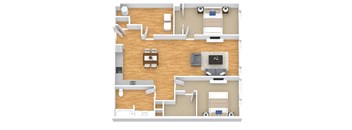 A top-down view of a living room with a couch, chair, and television.