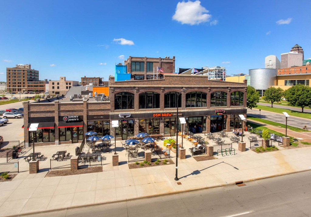 an aerial view of a restaurant with a city in the background at Ballyard Lofts, Indigo Living