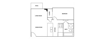 A floor plan of a home with a living room, dining room, kitchen, bedroom, bath, and patio.