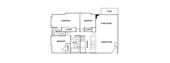 C2 3 bed 2 bath floor plan of an apartment with a living room, dining room, kitchen, and four bedrooms.
