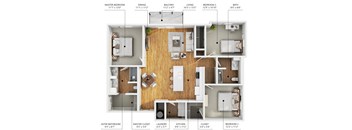 A detailed floor plan of a two-bedroom apartment with a living room, dining room, kitchen, and bathroom.