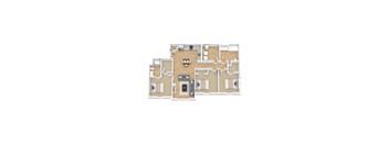 A floor plan of a two-story residential building with a living room, kitchen, dining room, and bedrooms.