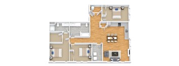 A floor plan of a house with a kitchen, living room, and bedrooms.